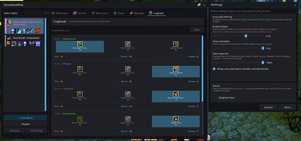 Logbook & settings